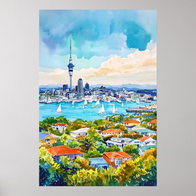 Auckland akvarellaffisch Väggkonst Auckland Vägg (Framsidan)