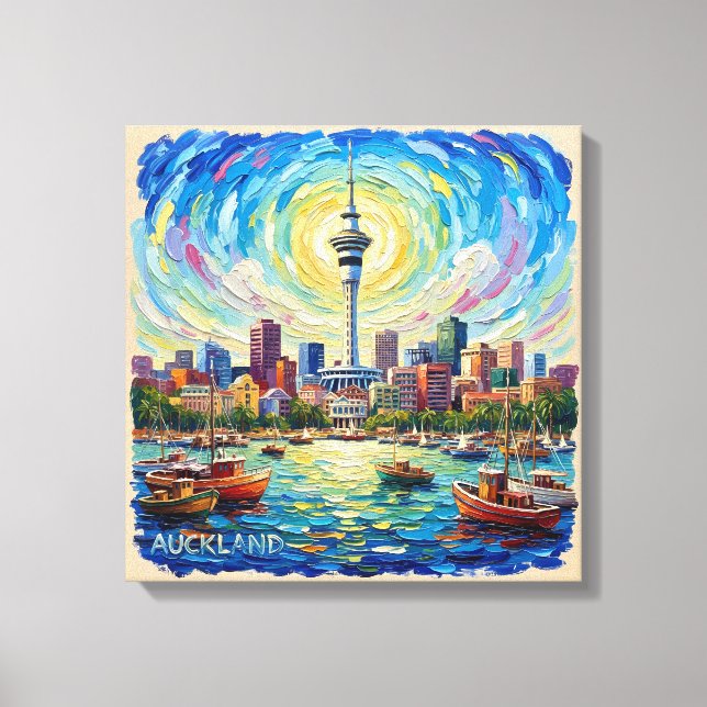 Auckland hamnarskylinjen strålar Canvas Art (Framsida)
