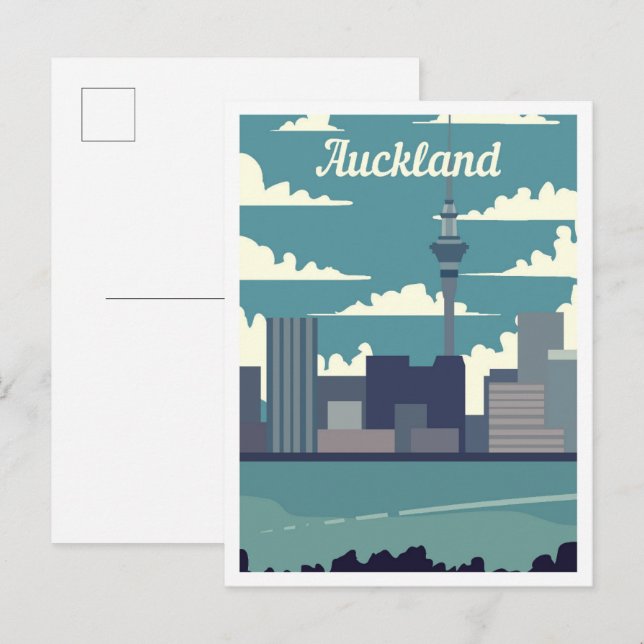 Auckland New Zealand Art Travel Illustration Vykort (Fram/baksida)