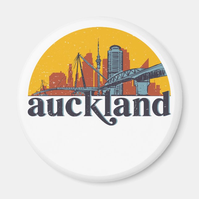 Auckland New Zealand Retro City Skyline Cityscape Magnet (Framsidan)