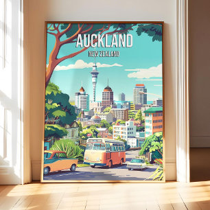 Auckland Nya Zeeland Affisch Konsttryck, Stad Retr