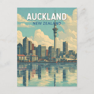 Auckland Nya Zeeland Illustration Resa Konst Retro Vykort