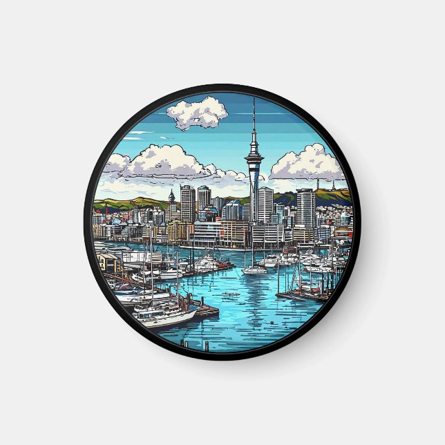 🌆 Auckland Stadssiluett Glöd ⛵ Hamn & Yachter Sce Magnet (Framsidan)