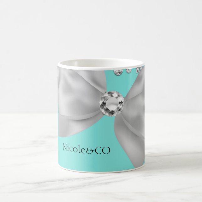 Audrey Girl Modern Blue Big White Bow Diamonds Kaffemugg (Center)