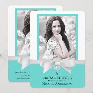 Audrey Teal Vit Bow Modern Bröllopsdusch Foto Inbjudningar