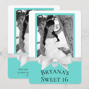Audrey Teal Vit Bow Modern Sweet 16 Foto Inbjudningar