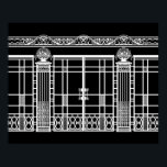 AUDREYS ART DECO IRONWORK: WHITE on BLACK Poster<br><div class="desc">Audreys ironwork är det härdade staketet i järn och grind mot bakgrund av vår Art Deco mode-plan "Audrey". Ironwork-kompositionen skapades med flera foton av Fransk Art Deco-ironwork delarare - staket,  grind,  spalter,  plus en stenkolsdesign från byggnadens övre kant. Snygg arkitekturdetalj.</div>