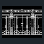 AUDREYS ART DECO IRONWORK: WHITE on BLACK Poster<br><div class="desc">Audreys ironwork är det härdade staketet i järn och grind mot bakgrund av vår Art Deco mode-plan "Audrey". Ironwork-kompositionen skapades med flera foton av Fransk Art Deco-ironwork delarare - staket,  grind,  spalter,  plus en stenkolsdesign från byggnadens övre kant. Snygg arkitekturdetalj.</div>