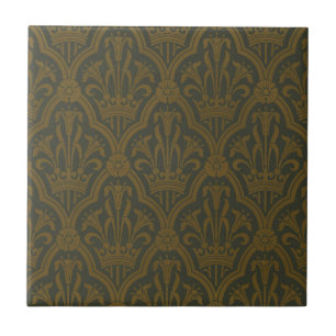 Audsley Vintage Guld Lilja Crown Green Damask Art Kakelplatta