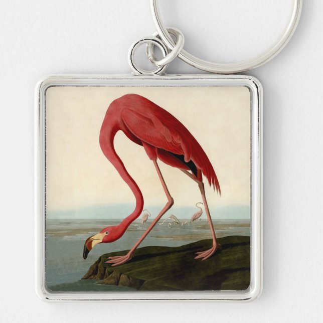 Audubon American Flamingo Fyrkantig Silverfärgad Nyckelring (Framsidan)