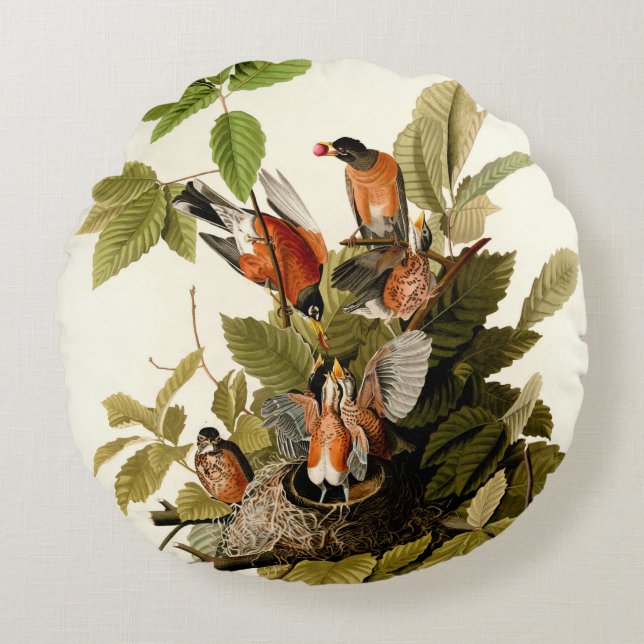 Audubon American Robin Wildlife Bird Illustration Rund Kudde (Framsidan)