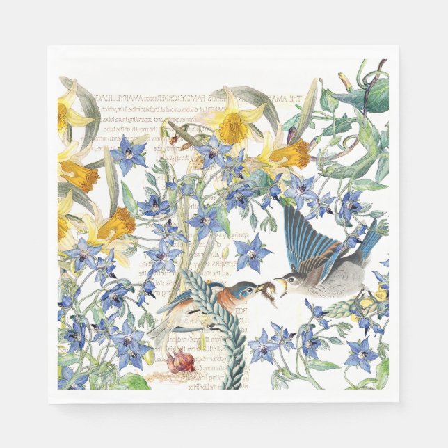 Audubon Bluebird Flowers Pappra Napkins Pappersservett (Framsidan)