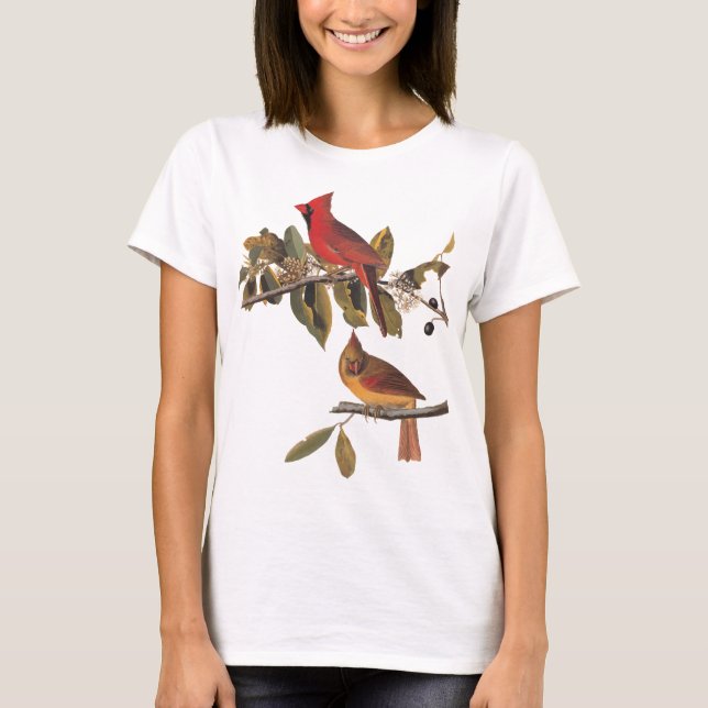 Audubon Cardinal Pair i Vild Almond Träd T Shirt (Framsida)