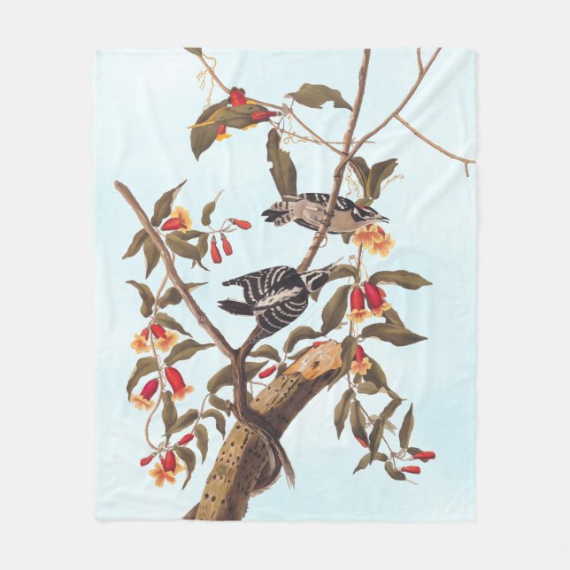 Audubon Downy Woodpecker Couple med Flowers Fleecefilt (Framsidan)