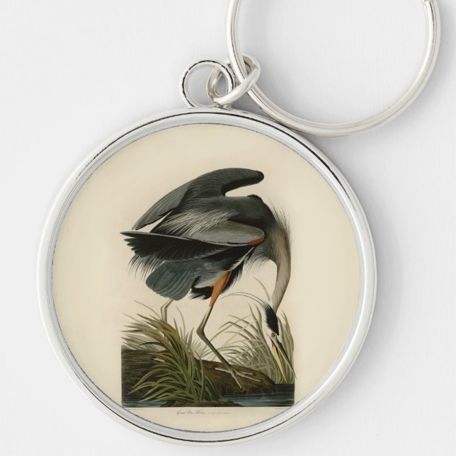 Audubon Great Blue Hägrar Marsh Fågel Rund Silverfärgad Nyckelring (Framsidan)