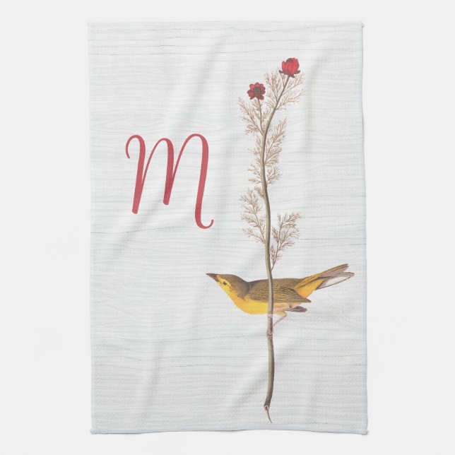 Audubon Gult Bird on Flower med Monogram Kökshandduk (Vertikal)