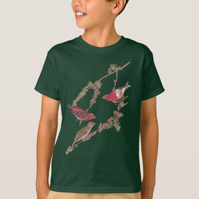 Audubon Lila Finch Red Bird on Black Larch T Shirt (Framsida)