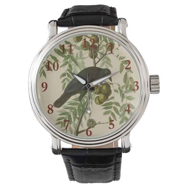 Audubon Purple Grackle Fågeltryck Vintage Botanisk Armbandsur (Framsida)