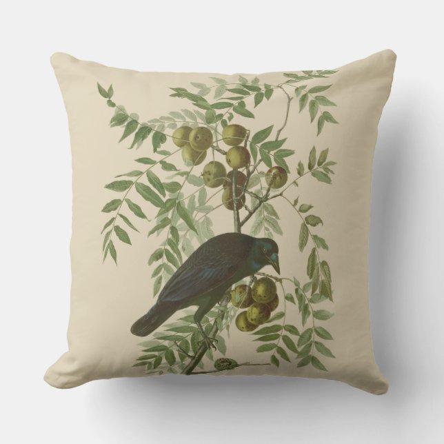 Audubon Purple Grackle Fågeltryck Vintage Botanisk Kudde (Framsida)