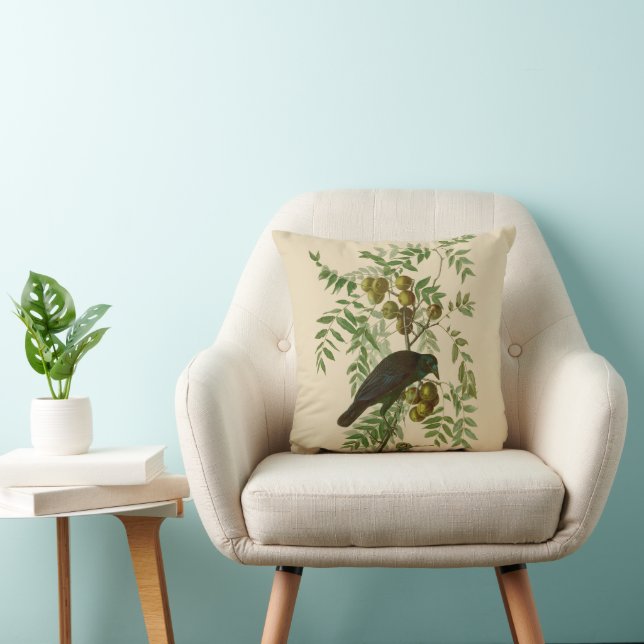 Audubon Purple Grackle Fågeltryck Vintage Botanisk Kudde (Stol)