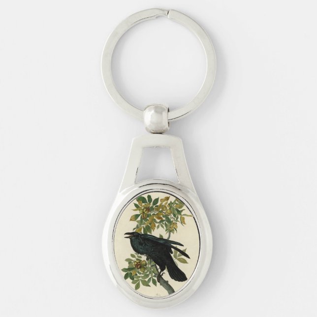 Audubon Raven Bird Classic Artwork Ovalt Silverfärgad Nyckelring (Framsidan)