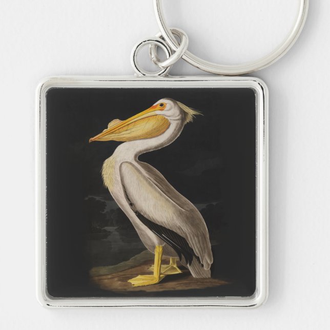 Audubon White Pelican Print Fyrkantig Silverfärgad Nyckelring (Framsidan)