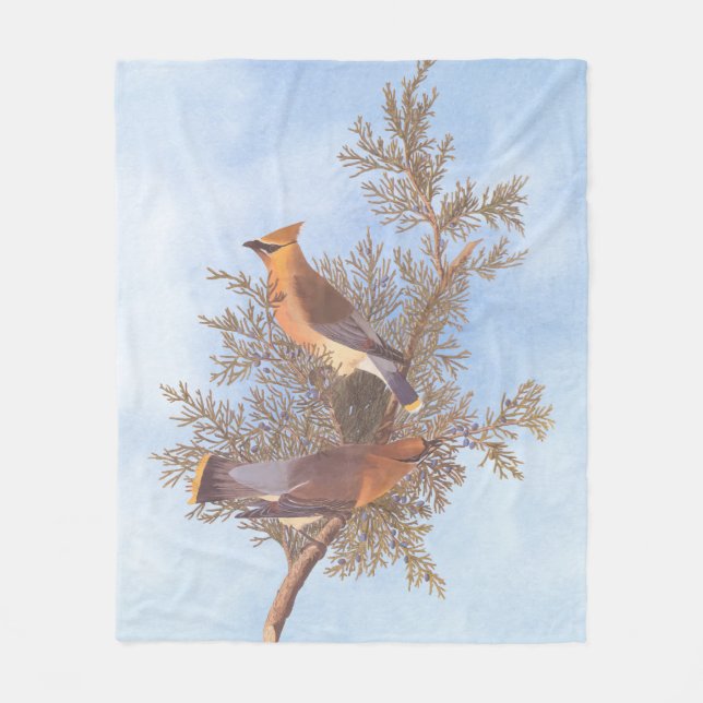 Audubon's Cedar Waxwing Bird Pair on Evergreen Fleecefilt (Framsidan)