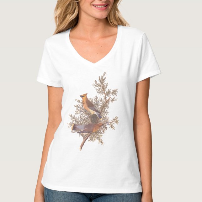 Audubon's Cedar Waxwing Bird Pair on Evergreen T Shirt (Framsida)