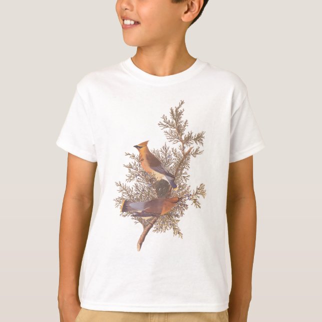 Audubon's Cedar Waxwing Bird Pair på Juniper Träd Tee Shirt (Framsida)