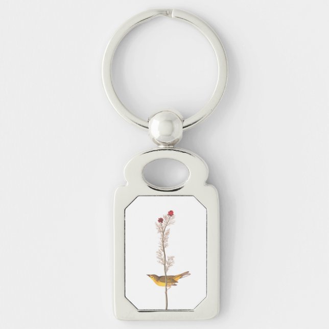 Audubon's Hooded Warbler Bird on Red Flower Rektangulärt Silverfärgad Nyckelring (Framsidan)