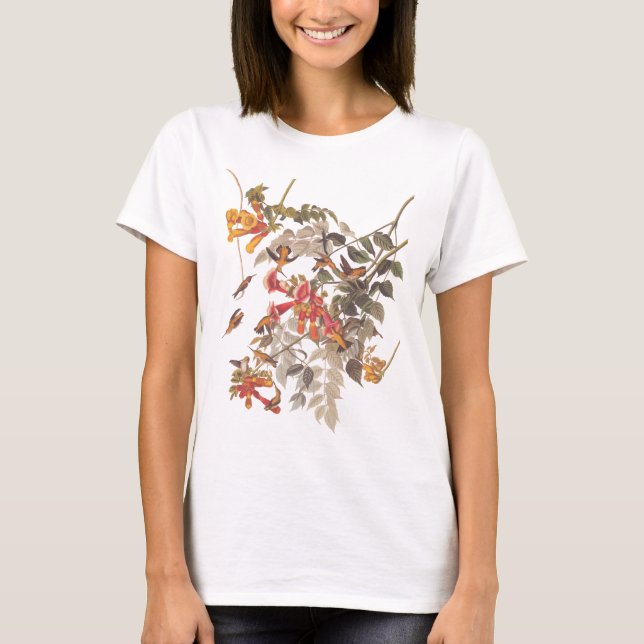 Audubon's Ruby Throated Hummingbird and Flowers T Shirt (Framsida)
