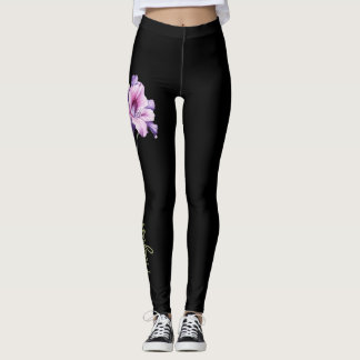 August Birth Flower, Lila Gladiolus on Black Leggings