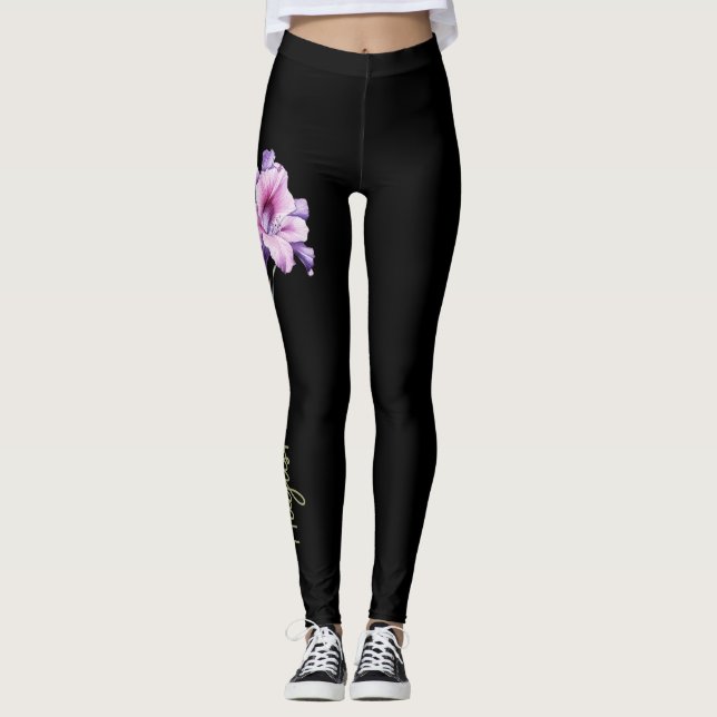 August Birth Flower, Lila Gladiolus on Black Leggings (Framsida)