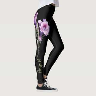 August Birth Flower, Lila Gladiolus on Black Leggings