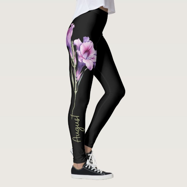 August Birth Flower, Lila Gladiolus on Black Leggings (Höger)