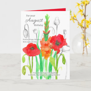 August Birthday Gladiolus Red Poppy Birth Flowers Kort