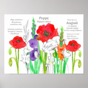 August Birthday Poppies Gladiolus Birtud Flower Poster
