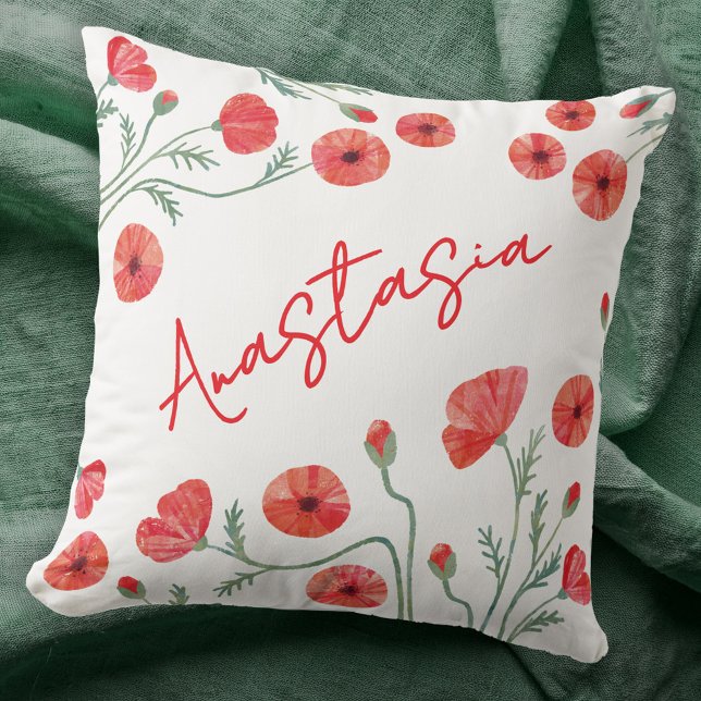 August Födelsemånad Blomma Vallmo Personlig Kudde (August birthday birth flower month poppy personalized custom name throw pillow gift)