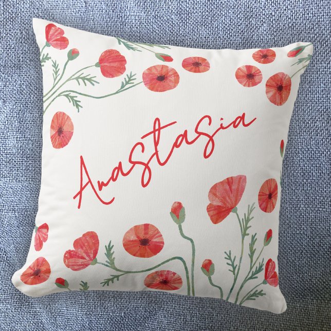 August Födelsemånad Blomma Vallmo Personlig Kudde (August birthday birth flower month poppy personalized custom name throw pillow gift)