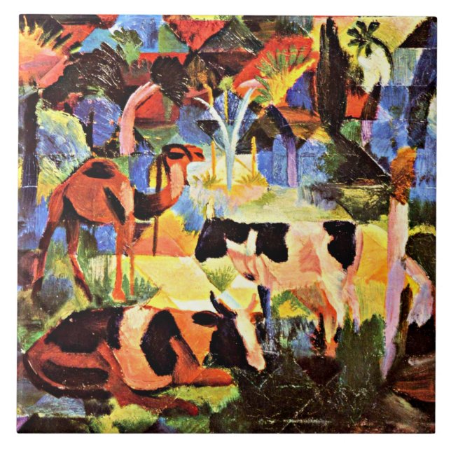 August Macke - Landskap med kor och en kamel Kakelplatta (Framsidan)