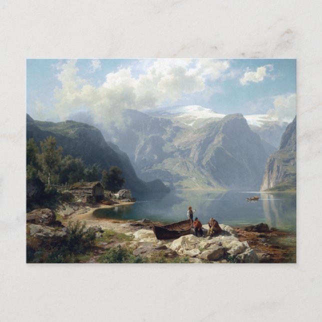 August Wilhelm Leu Sunny Day på en norsk fjord Vykort (Framsida)