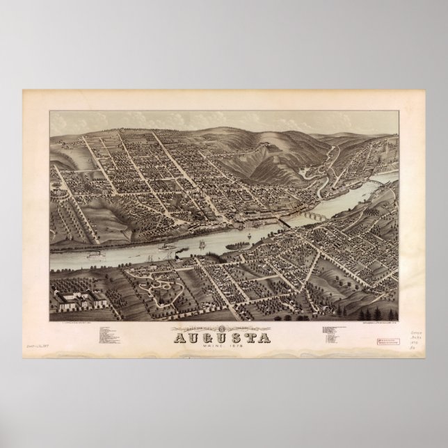 Augusta Maine 1878 Antique Panoramic Karta Poster (Framsidan)
