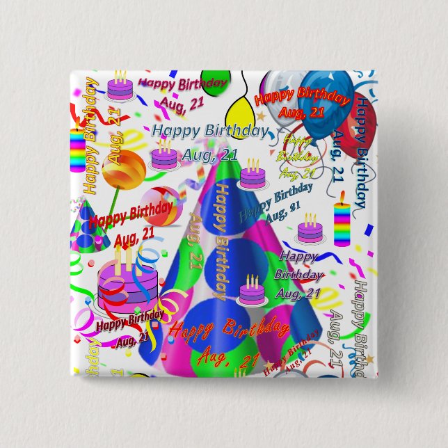 Augusti, 21 Birthday Square Button Knapp (Framsida)
