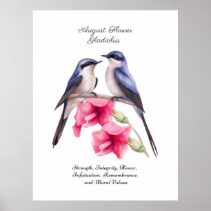 Augusti Birth Month Flower Gladiolus with Birds Poster
