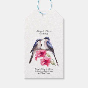 Augusti Birth Month Flower Gladiolus with Birds Presentetikett