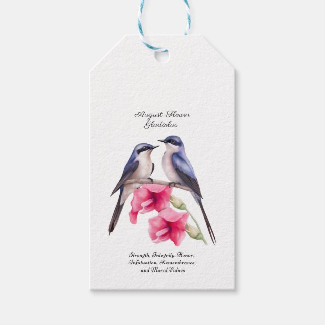 Augusti Birth Month Flower Gladiolus with Birds Presentetikett (Framsidan)
