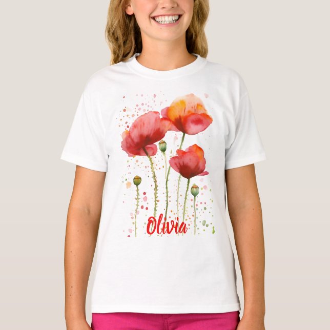 Augusti-blomman Röda poppies Watercolor-Blommigt T Shirt (Framsida)