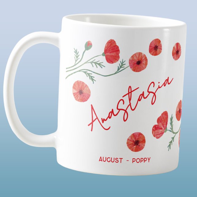 Augusti Födelsedagsblomma Anpassat Namn Vallmo Kaffemugg (August birthday month flower poppy watercolor art personalized custom name coffee mug gift)