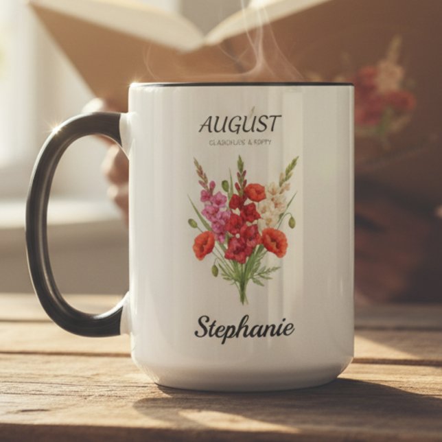 Augusti Gladiolus Vallmo Födelsemånad Mormor Mugg (Romantic Gladiolus & Poppy August Birth Month Mug)