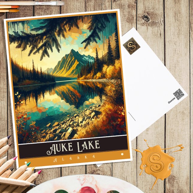 Auke Lake, Alaska | Vintage målning Vykort (Skapare uppladdad)